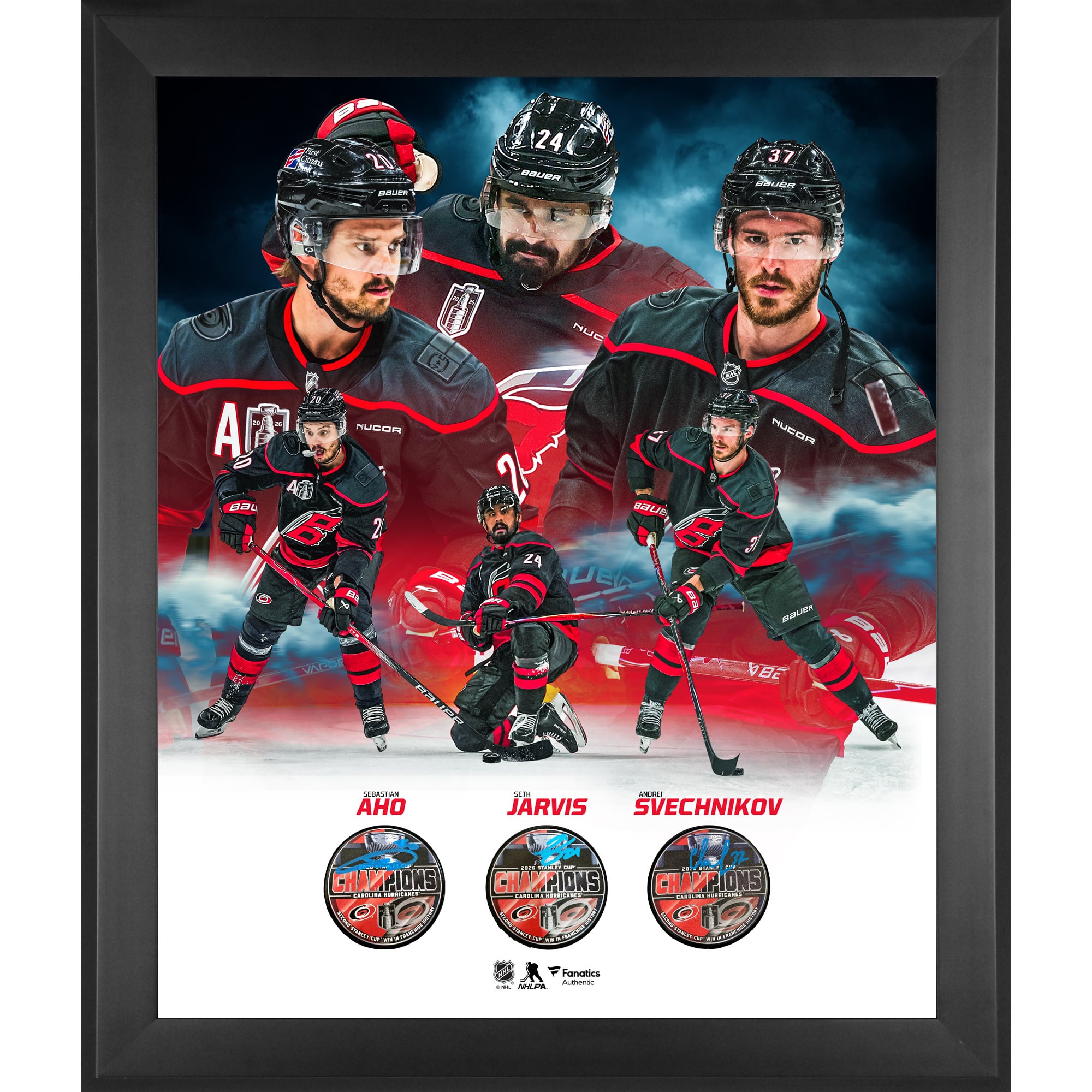 Andrei Svechnikov, Sebastian Aho & Seth Jarvis Carolina Hurricanes Autographed 2026 Stanley Cup Champions Framed 3-Puck Shadowbox - Limited Edition of 500